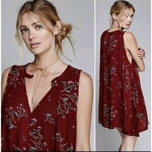 Free People Tree Swing Printed Tunic Dress Sleeveles Oversized Dress Crimson XS
